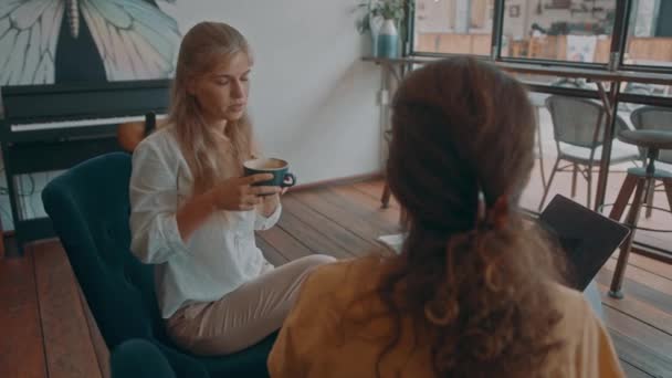 Två tjejer träffas på ett kafé. affärsmöte mellan två kvinnor på ett kafé. — Stockvideo