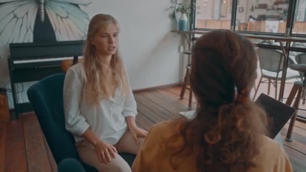 Two girls meet in a coffee shop. business meeting of two women in a coffee shop. — Αρχείο Βίντεο