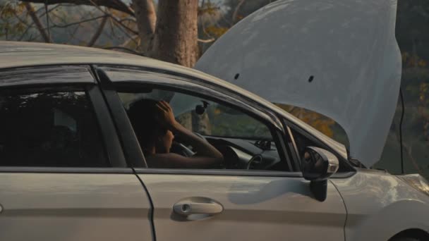 Kvinna med bil bekymmer på vägen — Stockvideo