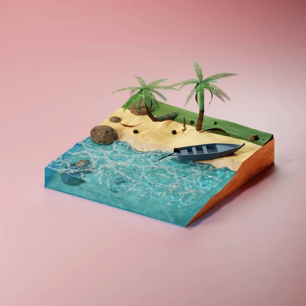 Wyspa z łodzią, skałami, palmami. Podróżujące wakacje na plaży. Ilustracja 3d renderowania — Zdjęcie stockowe