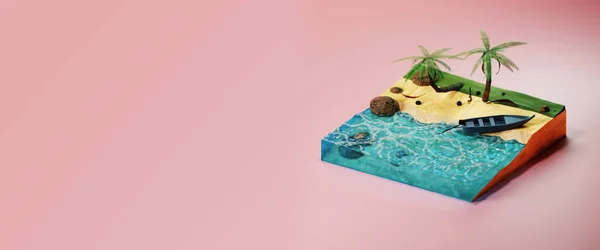 배, 바위, 야자나무가 있는 섬. 해변에서의 휴가. 3d 렌더링 삽화 스톡 사진