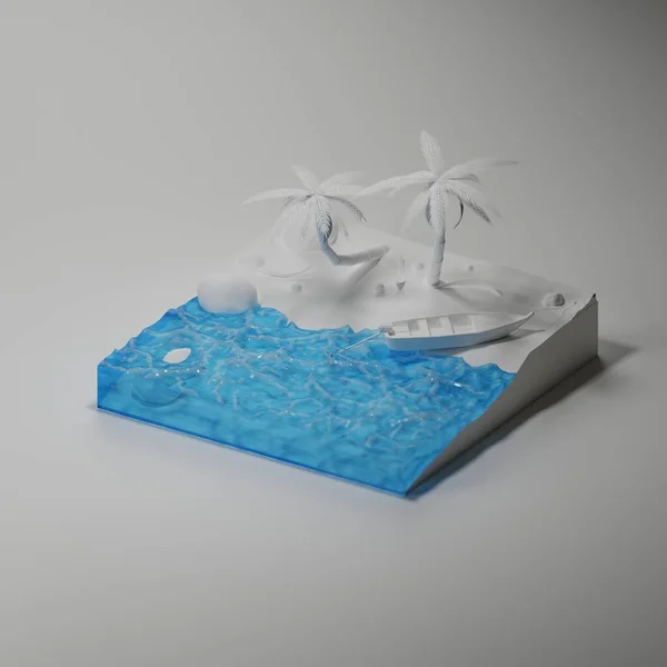 Ostrov s lodí, skalami, palmami. Cestování na pláž. 3D vykreslování ilustrace Royalty Free Stock Fotografie