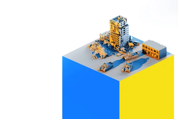 파괴된 도시 3D 모델의 중전차, 우크라이나 국기 스톡 이미지