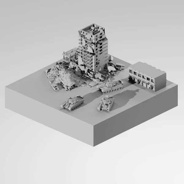 파괴된 도시 3D 모델의 탱크 로열티 프리 스톡 사진