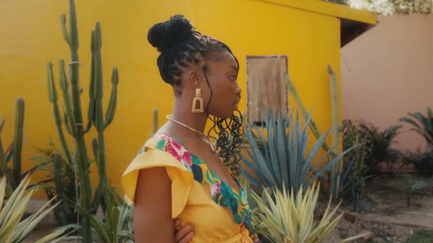 Πορτρέτο μιας νεαρής όμορφης Αφρο-Αμερικανίδας με αφρικανικές κοτσίδες σε κίτρινο φόρεμα — Αρχείο Βίντεο