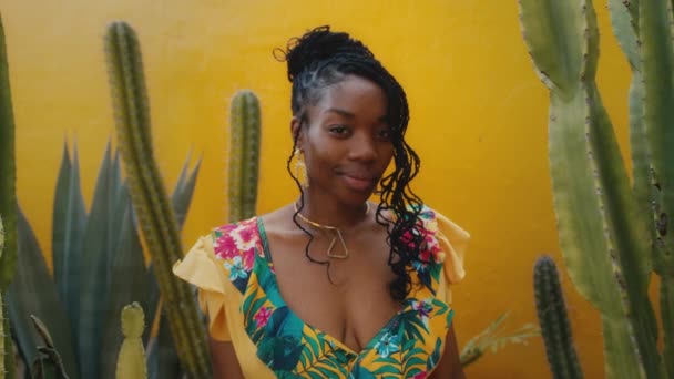 Πορτρέτο μιας νεαρής όμορφης Αφρο-Αμερικανίδας με αφρικανικές κοτσίδες σε κίτρινο φόρεμα — Αρχείο Βίντεο