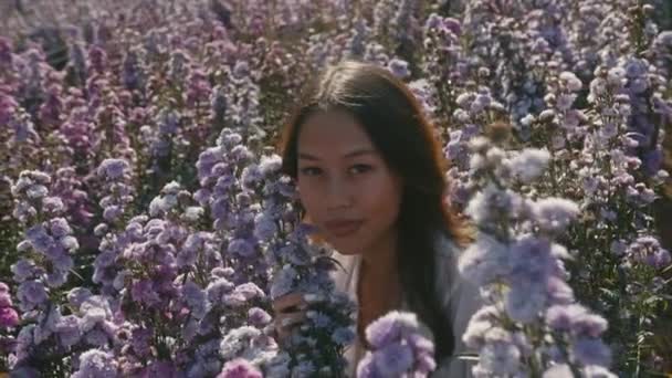 Jeune femme asiatique dans le champ de fleurs sur coucher de soleil regarder la caméra — Video