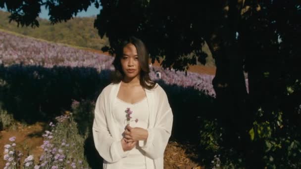 Młody Azji kobieta w kwiat pole na zachód słońca patrzeć w aparat — Wideo stockowe