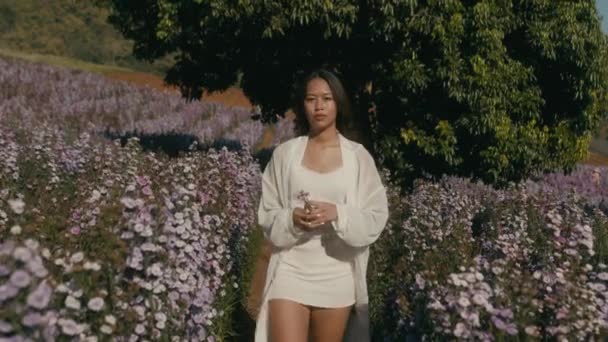 Young asian woman in flower field on sunset look at camera — Stock Video