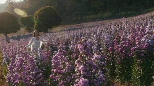 Joven asiático mujer corre en flor campo en la puesta del sol — Vídeos de Stock