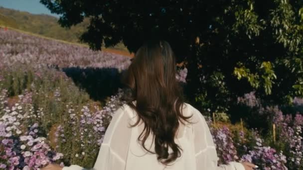 Young asian woman walks in flower field on sunset — Vídeo de Stock