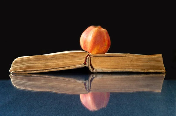 Livro Maçã Repousam Sobre Mesa Vidro Revelando Livro Com Reflexão — Fotografia de Stock