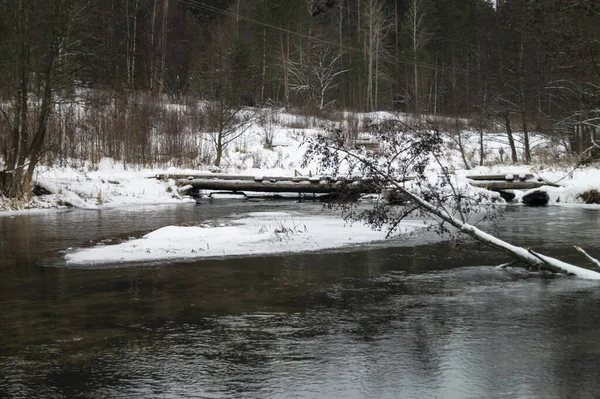 Wooden Bridge River Winter Wood Snow Russia — Stock Photo, Image