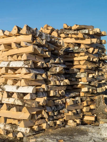 Pricked Firewood Built Stack Logs Background Blue Sky Stack Wooden — Stock Photo, Image