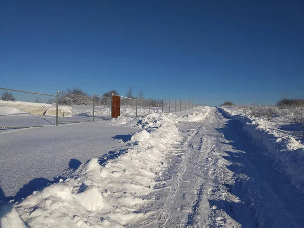 Winter Landscape Russian Village Sunny Day Snowy Road Countryside Blue — Stock Photo, Image
