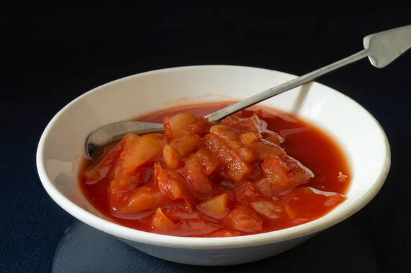 Pepper Lecho Tomato Juice White Plate Food Black Background — Stock Photo, Image