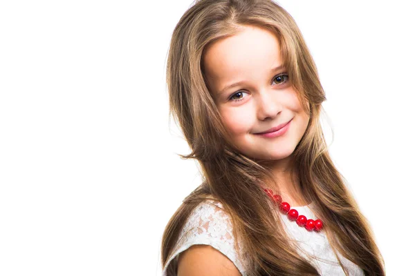 Beautiful girl with red beads on isolated white — Stock Photo, Image