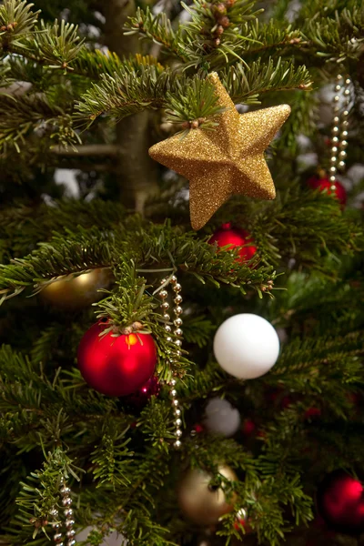 Christmas fir-tree decorated with gold and red balls — Stock Photo, Image