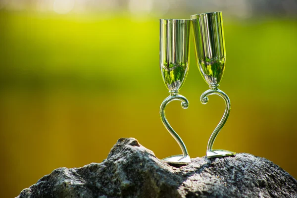 Two wedding glasses on stone in summer garden — Stock Photo, Image