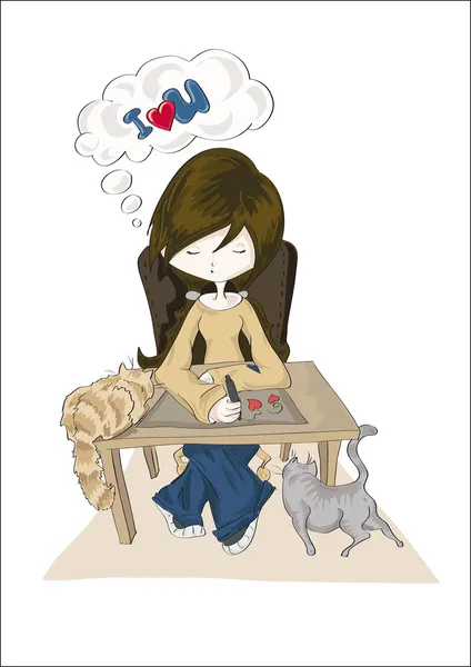 Piękna dziewczyna z dwoma kotami rysunek romantyczne wiadomość z serca z przyjaciółką na na białym tle — Wektor stockowy