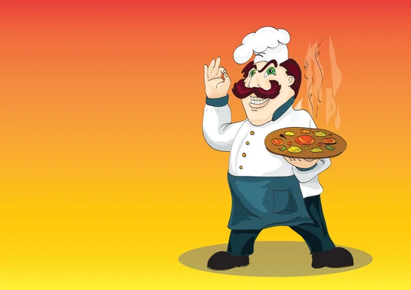 Temperamentvolle Italiaanse chef-kok met smakelijk hete pizza op levendige achtergrond — Stockvector