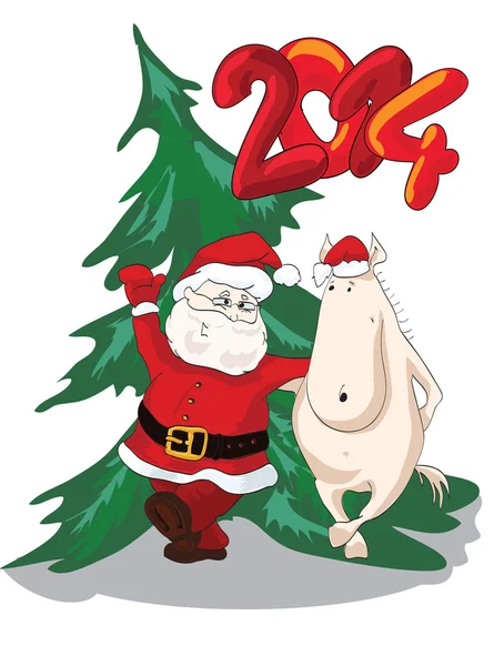 Symbol of year 2014 funny horse in red cap with cheerful Santa dancing near Christmas fir-tree on isolated white background — Stock Vector