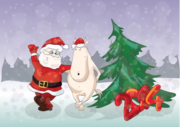 Símbolo del año 2014 caballo divertido en gorra roja con alegre Santa bailando cerca de abeto de Navidad en el bosque de invierno . — Archivo Imágenes Vectoriales