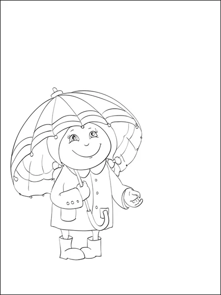 Kontur des niedlichen kleinen Mädchens mit großem Regenschirm auf isoliertem Weiß — Stockvektor