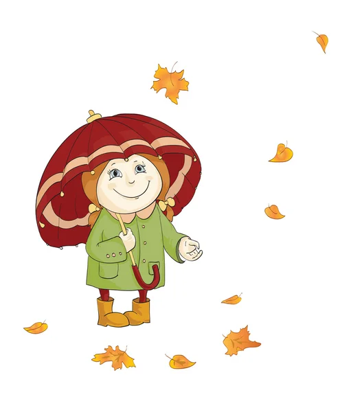 Little girl with big umbrella enjoying autumn leaves on isolated white — Stock Vector