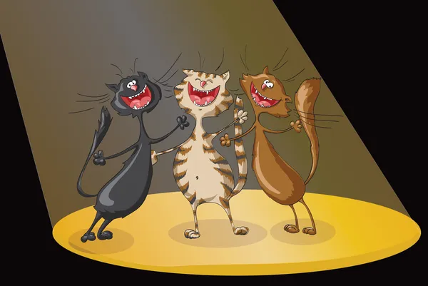 Tres gatos felices cantando alegre canción en focos haz en escena — Vector de stock