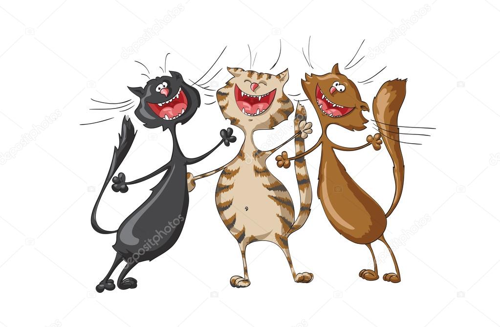 Three happy cats singing cheerful song on isolated white background