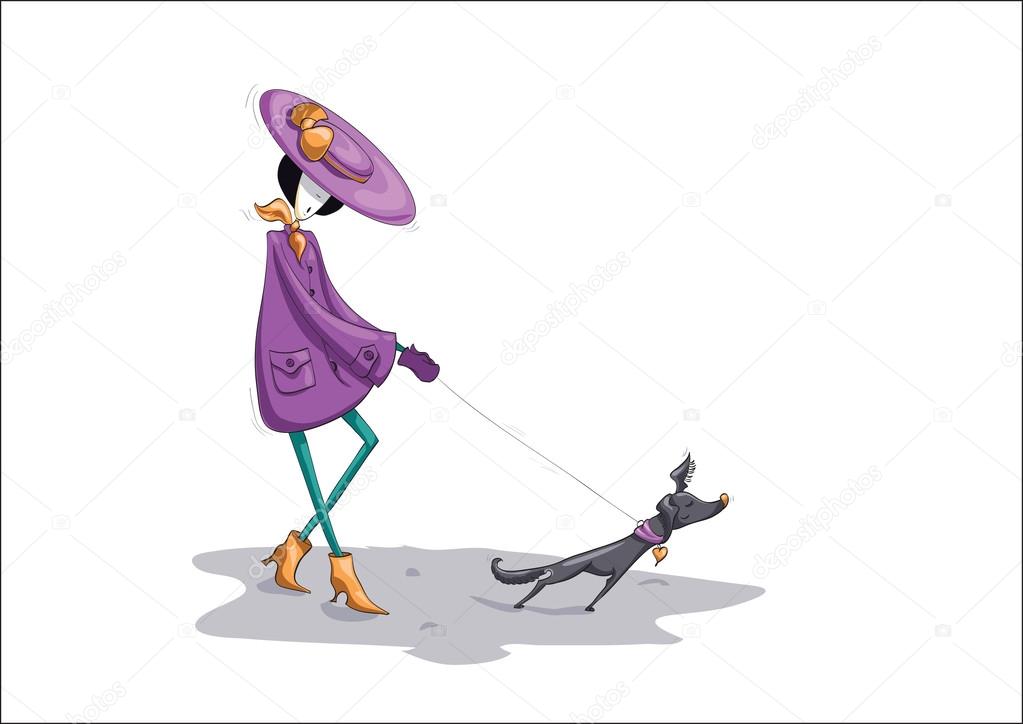 Beautiful lady in violet hat and elegant coat walking with small dog on isolated white