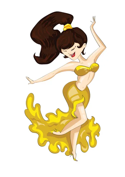 Obrysový krásné dívky tančí břišní tanec v zářivě žlutých šatech na izolované bílém pozadí — Stockový vektor