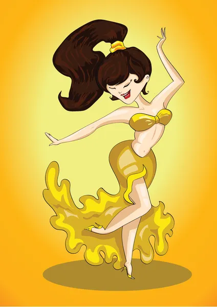 Beautiful girl dancing belly dance in bright yellow dress — Stock Vector