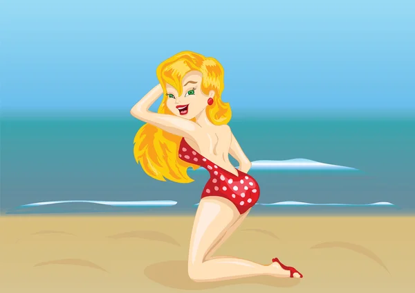 Belle fille en maillot de bain rouge bronzer sur la plage de la mer — Image vectorielle