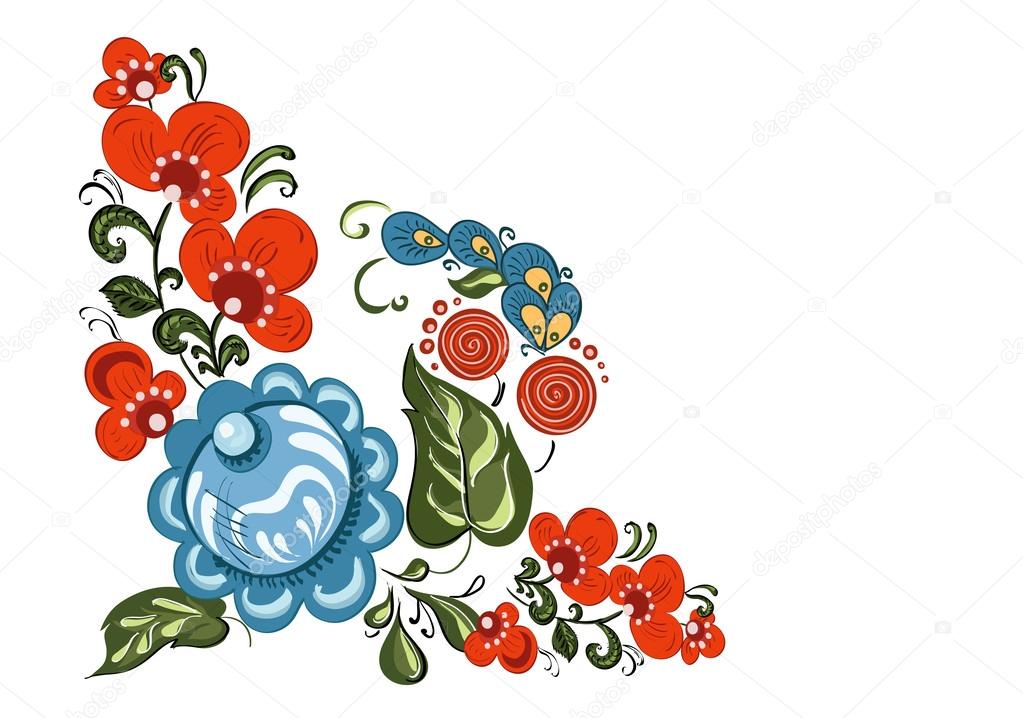 Decorative corner element with flowers and in Russian traditional style (Gorodets) on isolated white