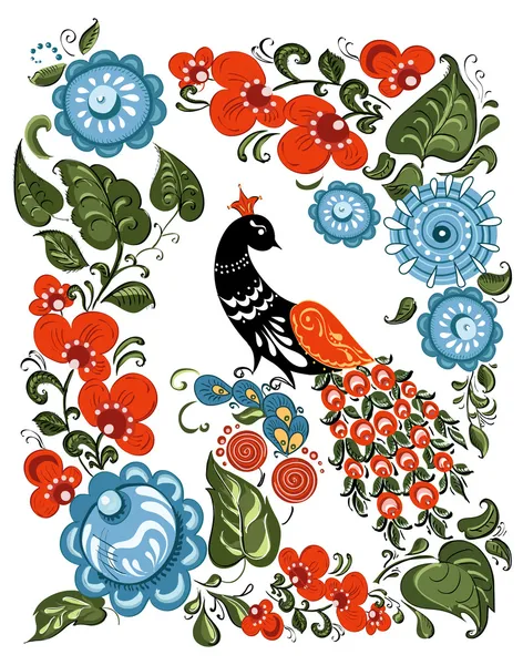 Illustratie met bloemen en vogels in de Russische traditionele stijl (Gorodets) op geïsoleerde Wit — Stockvector