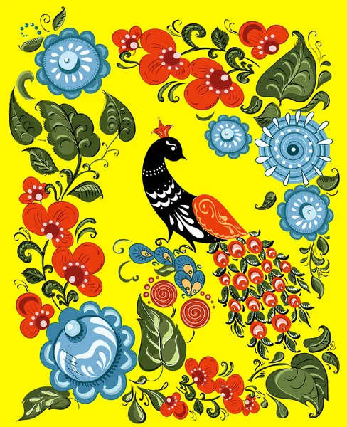 Illustration mit Blumen und Vogel im traditionellen russischen Stil (Gorodets) auf isoliertem Gelb — Stockvektor