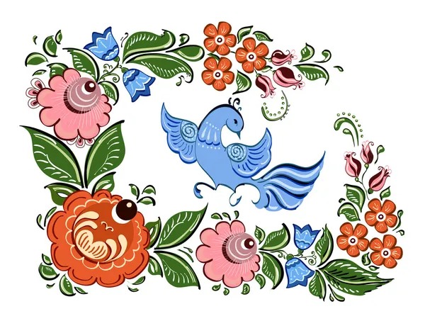 Flowers and bird in Russian traditional gorodetsky style — Stock Vector