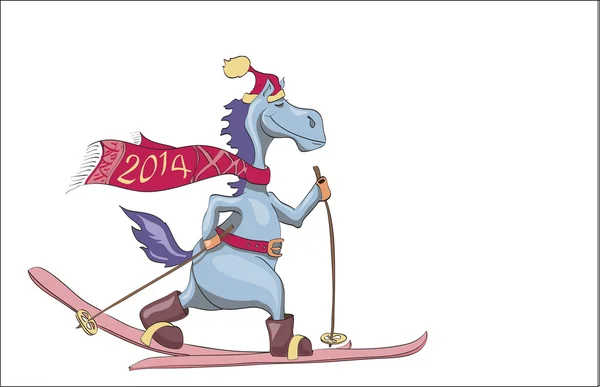 Skiing blue New Year's horse. 2014 — Stock Vector