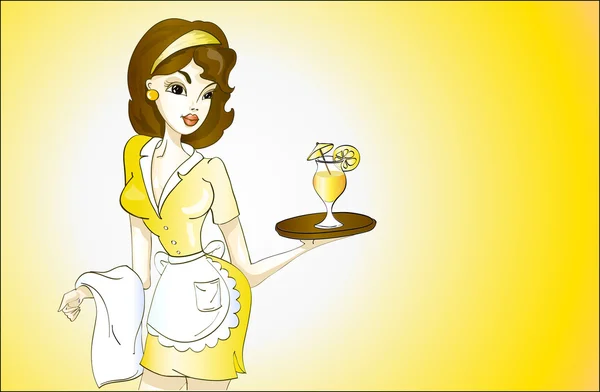 Beautiful waitress in yellow uniform with cocktail — Stock Vector