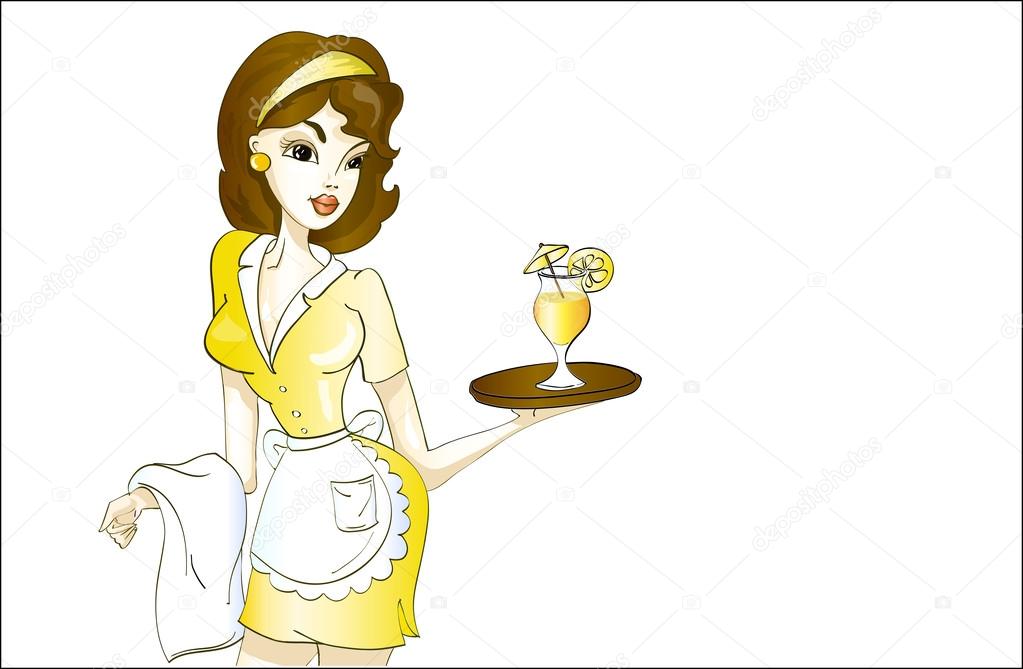 Beautiful waitress in yellow uniform with cocktail