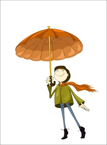 Happy person under autumn umbrella on isolated white — Stock Vector