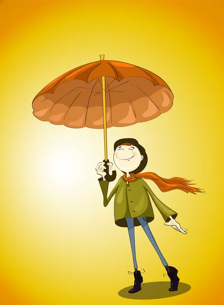 Happy person under autumn umbrella on yellow — Stock Vector