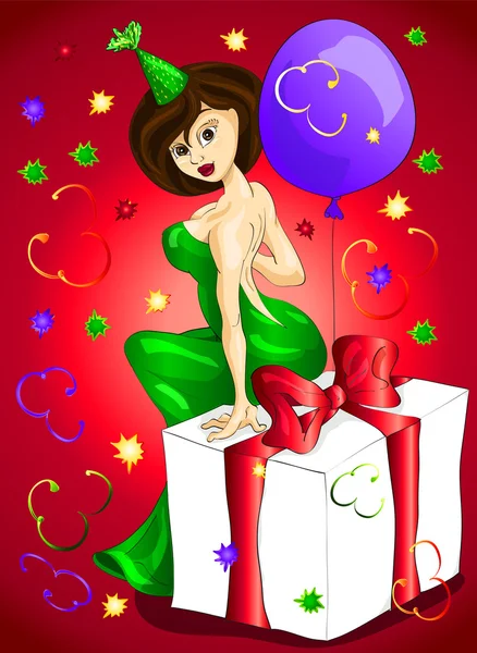 Belle fille en robe verte assise sur le cadeau à l'anniversaire sur le rouge — Image vectorielle