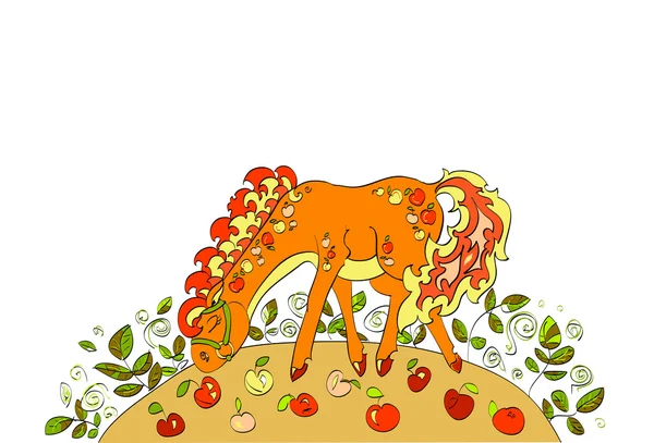 Rotes Pferd mit Äpfeln auf der Herbstwiese — Stockvektor