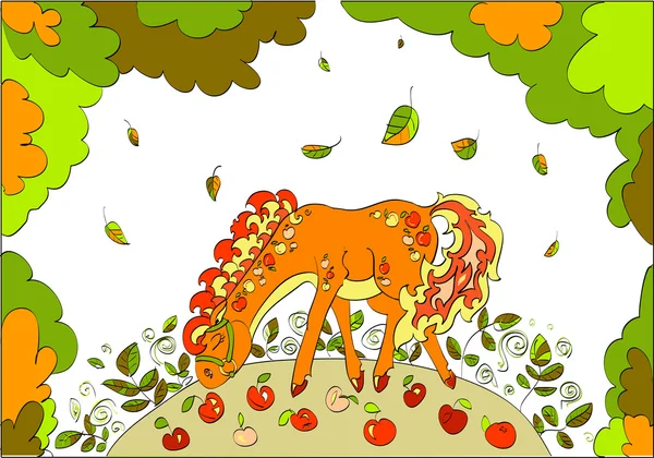 Caballo rojo con manzanas caminando en el prado de otoño — Vector de stock