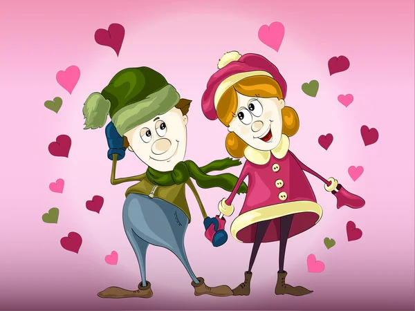 Хлопчик і дівчинка закохані серед сердець на рожевому фоні — стоковий вектор