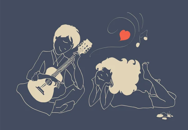 Chico enamorado tocando la guitarra para su novia — Vector de stock