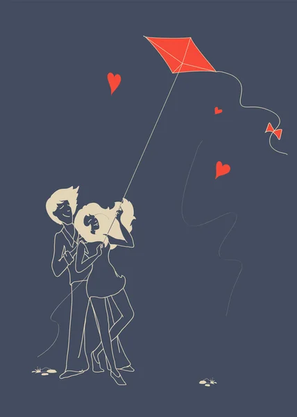 Хлопець і дівчина в коханні літати повітряний змій — стоковий вектор